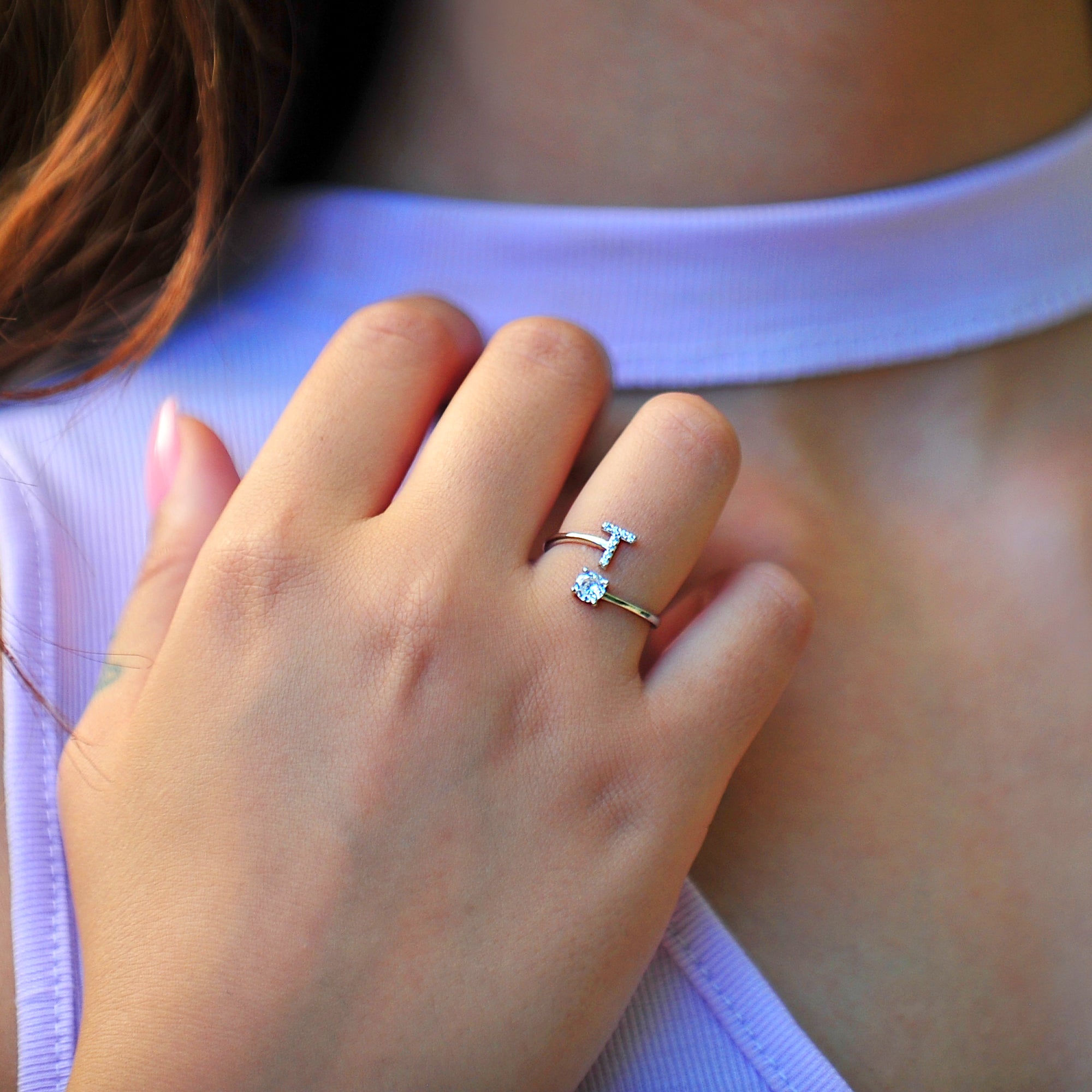 Pave CZ Letter "T" Sterling Silver Adjustable Initial Ring