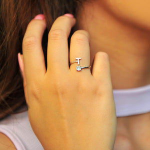 Pave CZ Letter "T" Sterling Silver Adjustable Initial Ring
