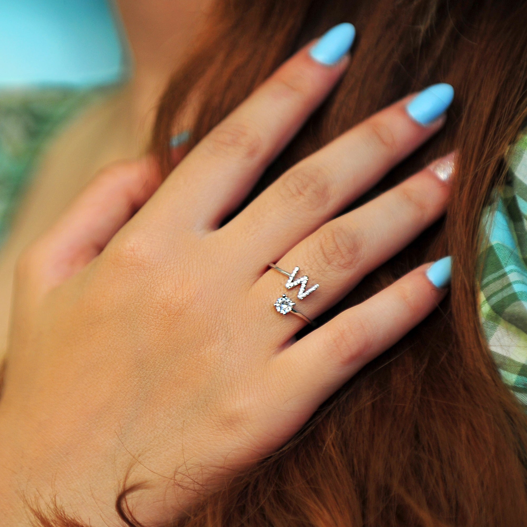 Pave CZ Letter "W" Sterling Silver Adjustable Initial Ring
