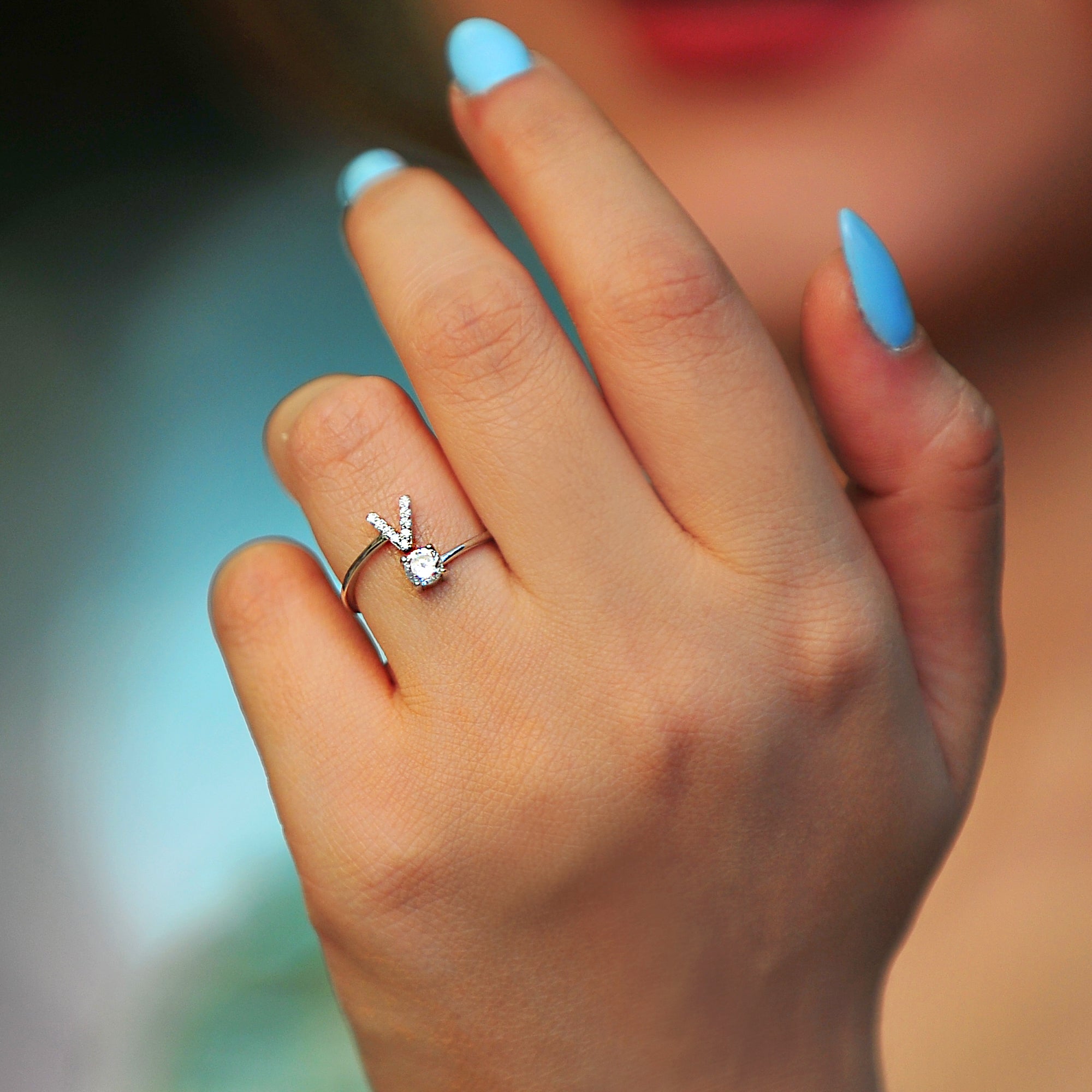 Pave CZ Letter "V" Sterling Silver Adjustable Initial Ring