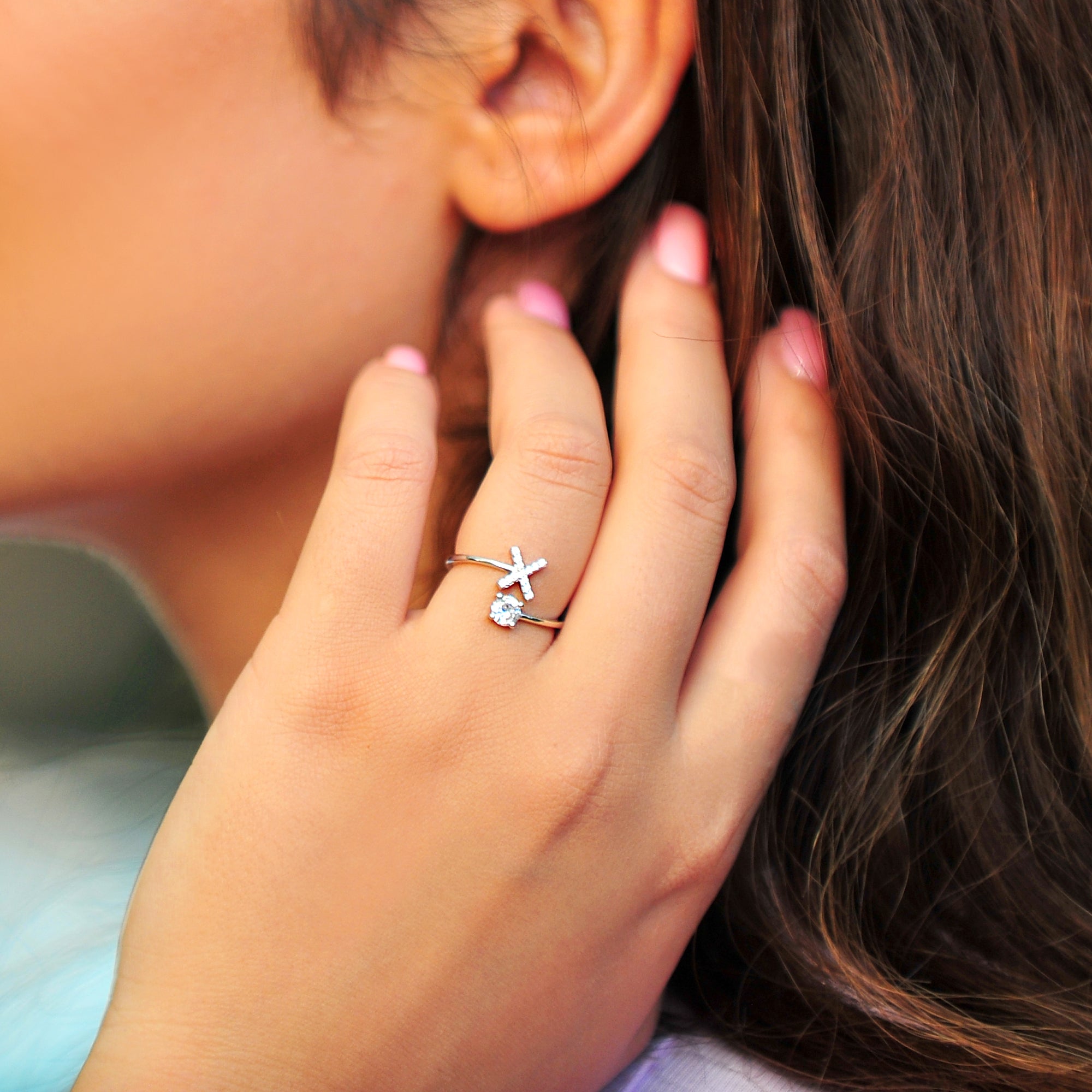 Pave CZ Letter "X" Sterling Silver Adjustable Initial Ring