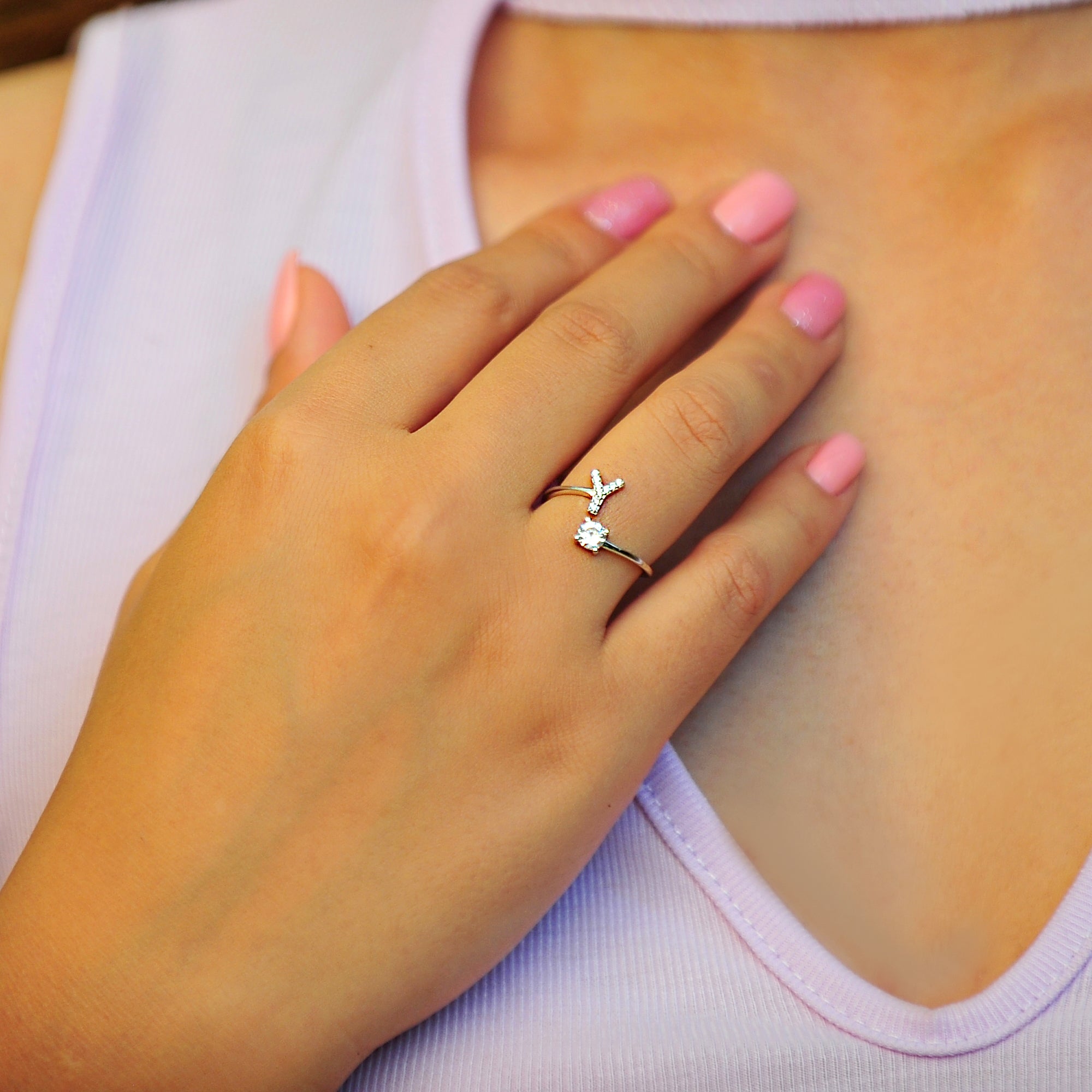 Pave CZ Letter "Y" Sterling Silver Adjustable Initial Ring
