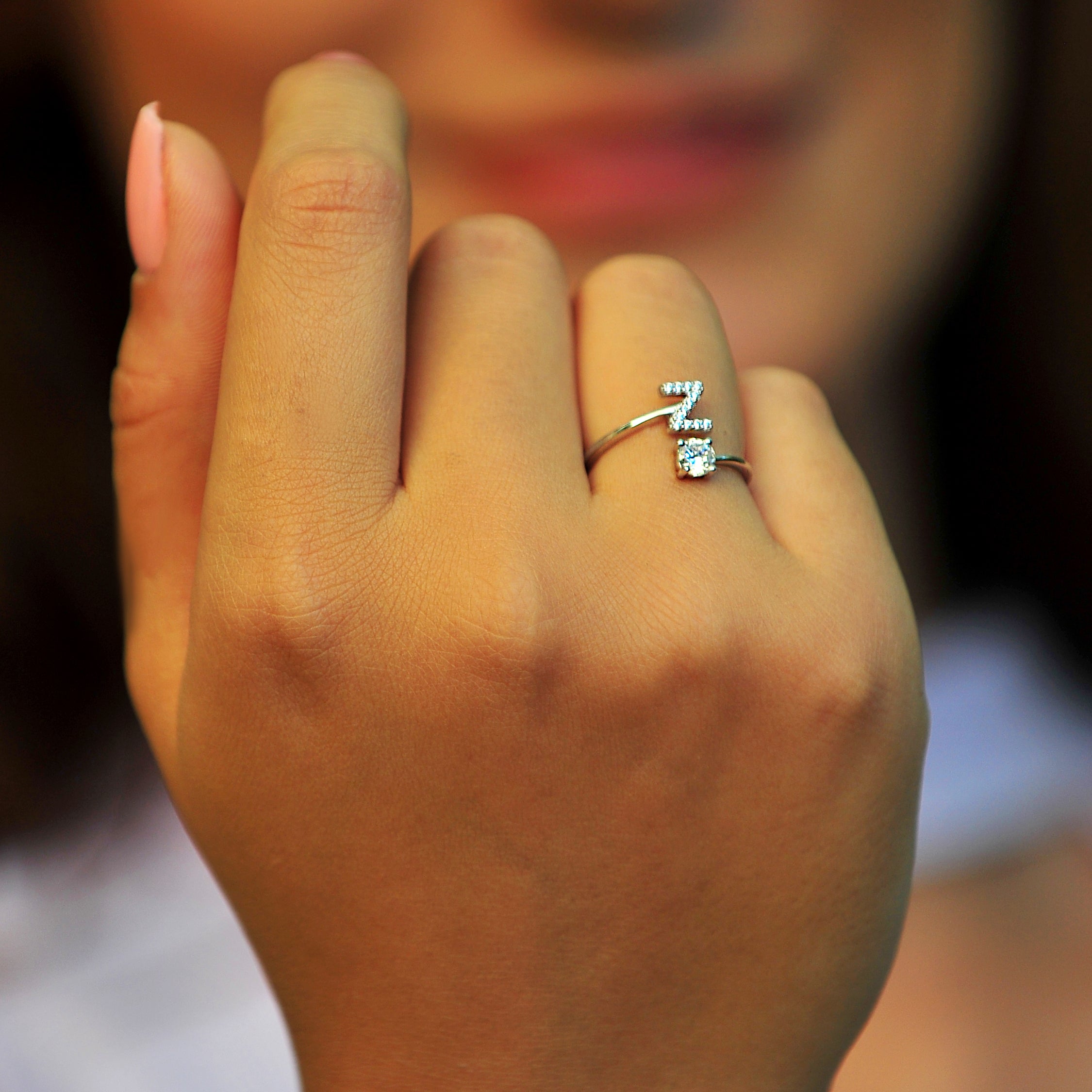 Pave CZ Letter "Z" Sterling Silver Adjustable Initial Ring