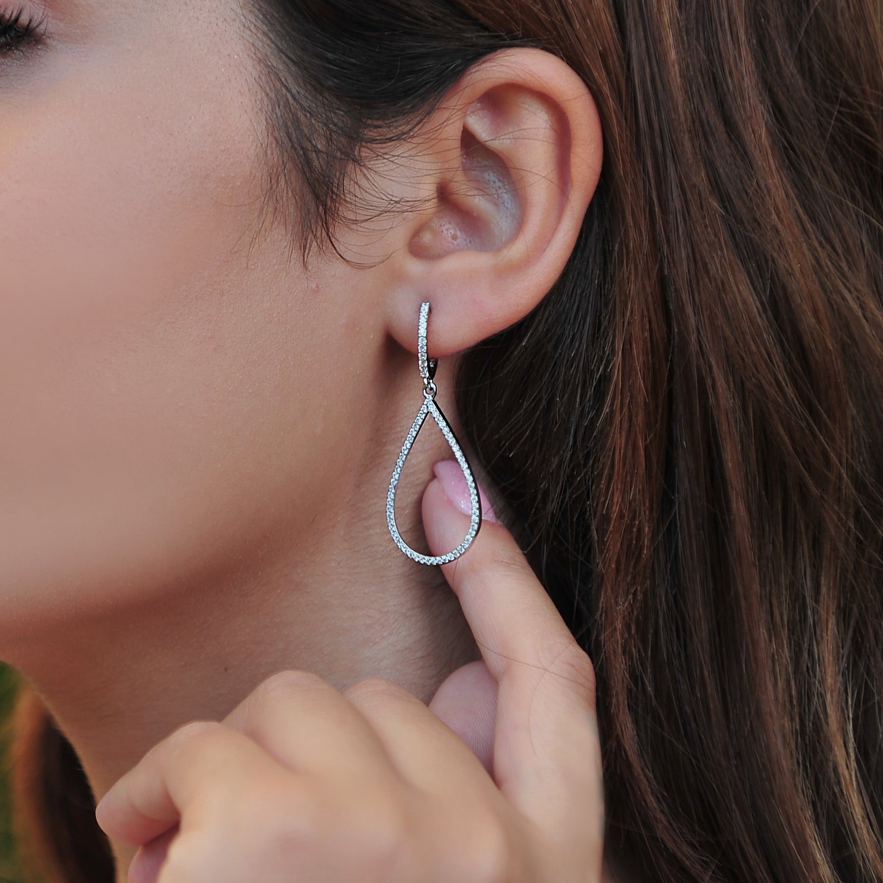 Pave CZ Teardrop Sterling Silver Dangle Hoop Earrings