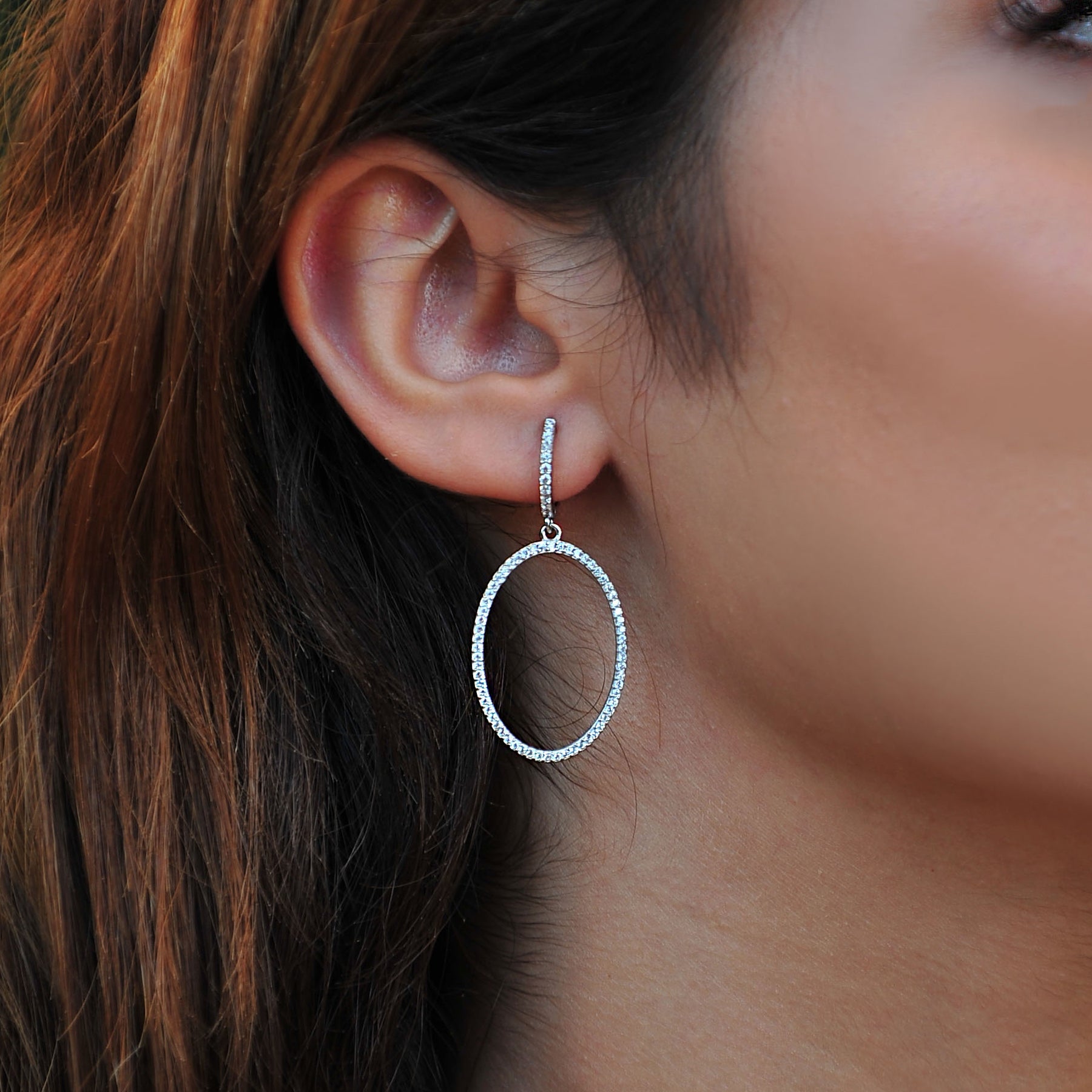 Pave CZ Oval Sterling Silver Dangle Hoop Earrings