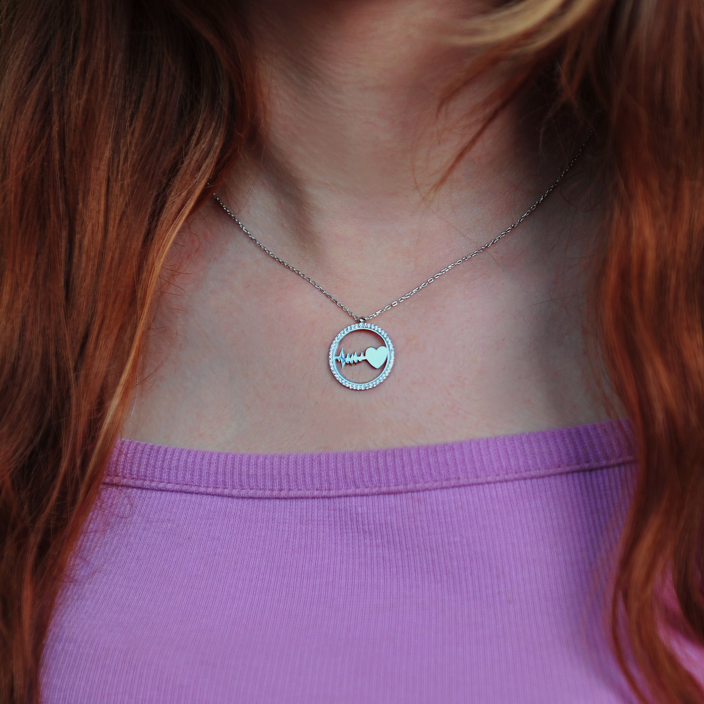 CZ Heartbeat & Heart Sterling Silver Necklace