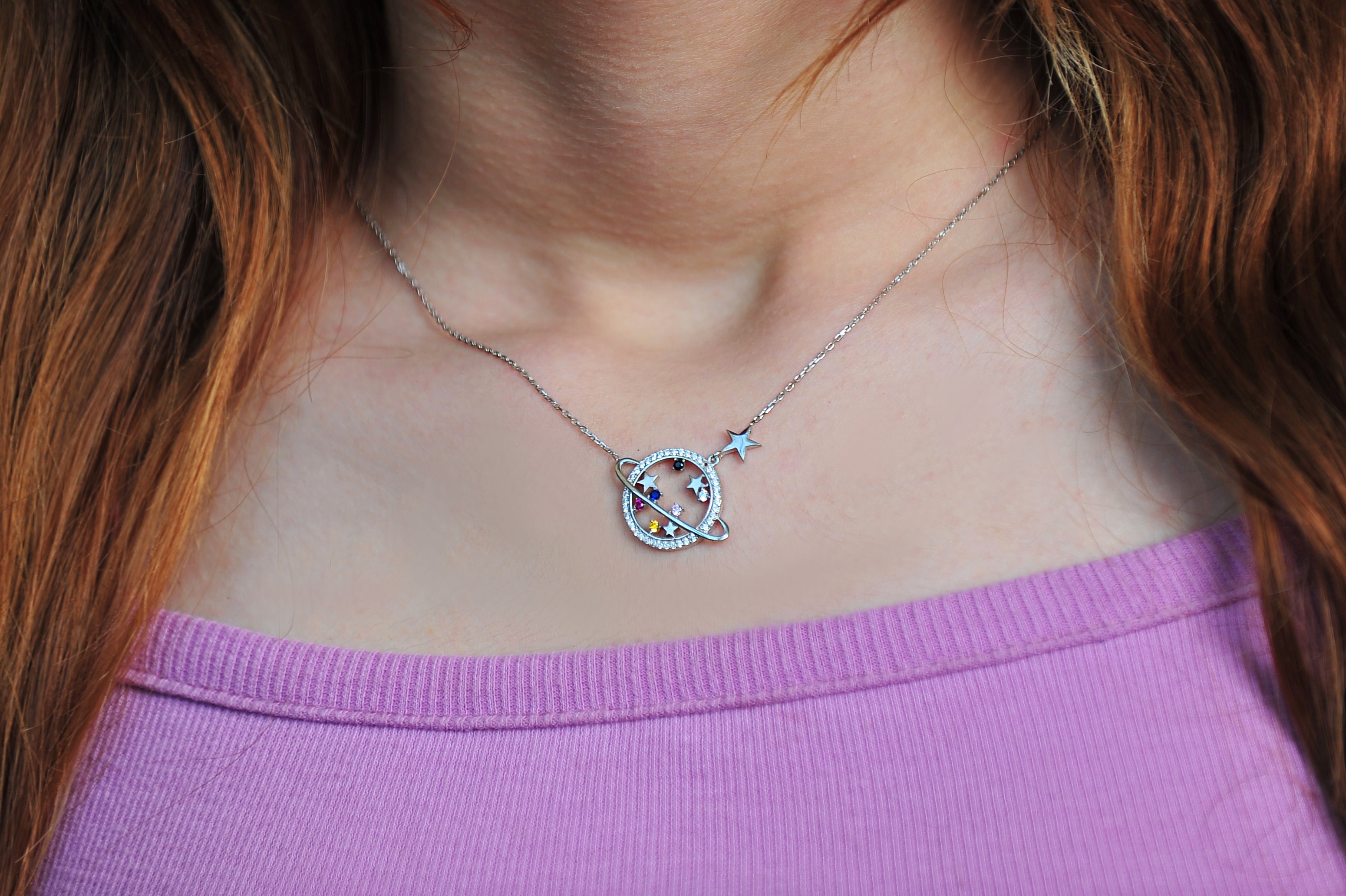 Saturn And Star Multi Color CZ Sterling Silver Necklace