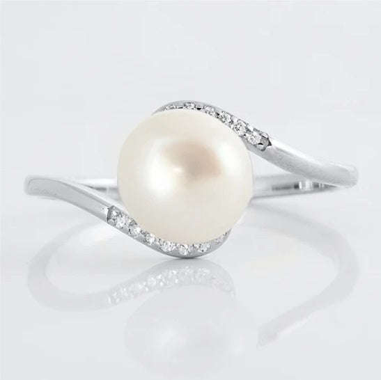 Pave CZ Pearl Sterling Silver Wave Ring, Elegant Curved Design, Dainty Promise or Engagement Ring for Women