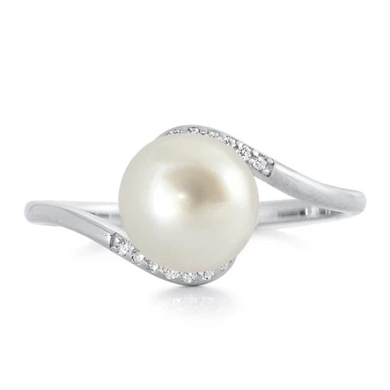 Pave CZ Pearl Sterling Silver Wave Ring, Elegant Curved Design, Dainty Promise or Engagement Ring for Women