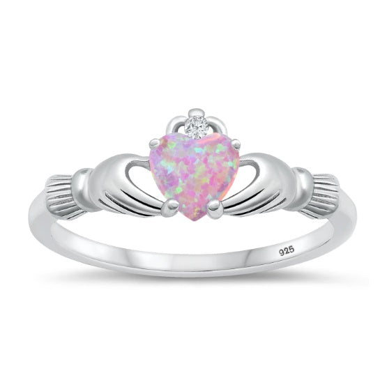Pink Heart Opal and CZ Claddagh Sterling Silver Ring – Romantic Irish Symbol of Love and Devotion