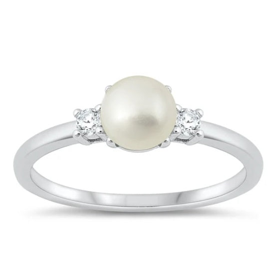 Sterling Silver Pearl & CZ Ring – Classic Dainty Band with Elegant Timeless Charm