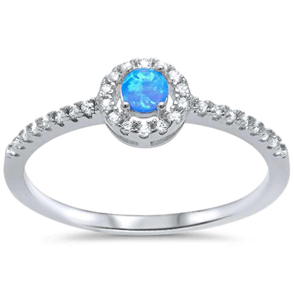 Round Fire Opal/Larimar Halo CZ Sterling Silver Ring