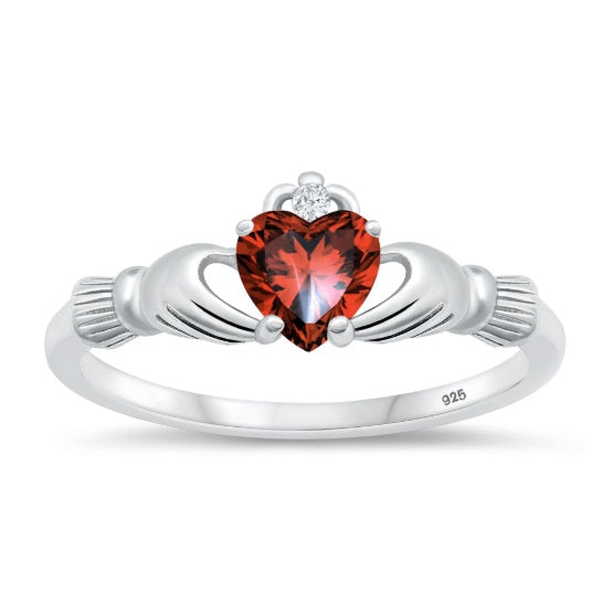 Ruby Heart CZ Claddagh Sterling Silver Ring – Irish Symbol of Love, Passion, and Eternal Loyalty