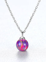 925 Sterling Silver Opal Ball Necklace – Dainty Round Fire Opal Pendant in Light Blue, Green, or Red