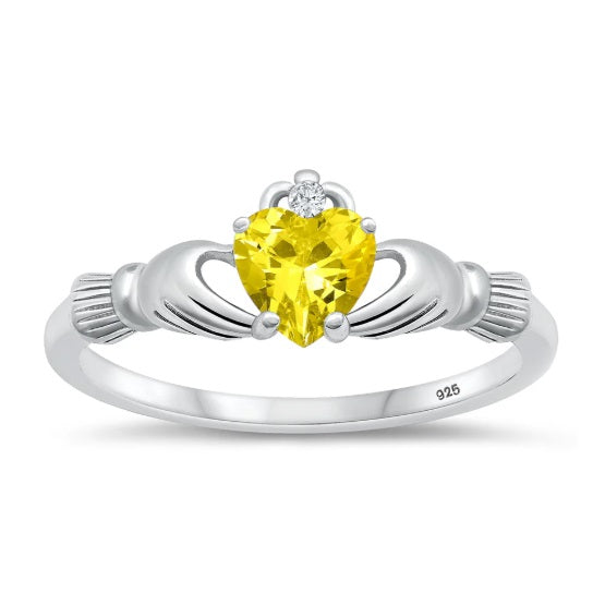 Yellow Topaz Heart CZ Claddagh Sterling Silver Ring – Irish Friendship and Love Symbol with Polished Finish