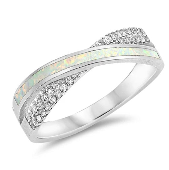 Sterling Silver White Opal & CZ Crossover Ring – Elegant Dainty Band with Iridescent Sparkle