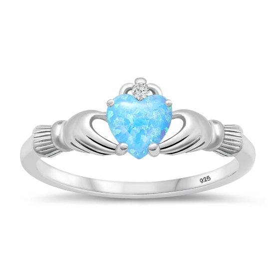 Blue Opal Heart Claddagh Sterling Silver Ring – Irish Love and Friendship Symbol with Sparkling CZ Accent