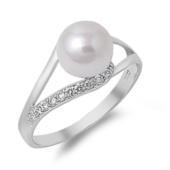 Sterling Silver Pearl & CZ Crossover Ring – Elegant Modern Twist with Timeless Grace