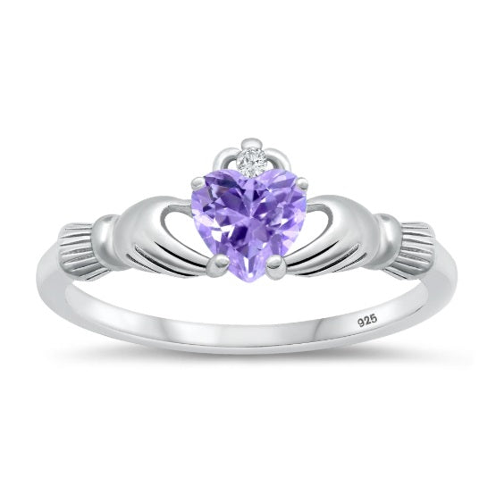 Amethyst Heart CZ Claddagh Sterling Silver Ring – Irish Symbol of Love, Loyalty, and Friendship