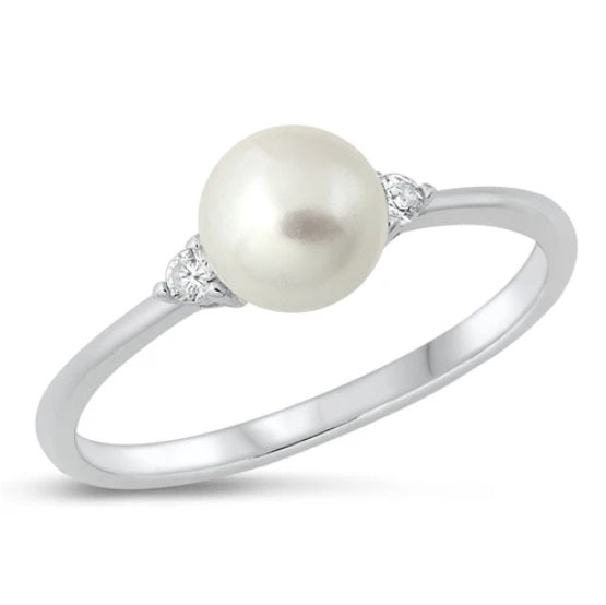 Pearl and CZ Sterling Silver Ring, Elegant Classic Pearl Band, Minimal Wedding or Promise Ring for Women