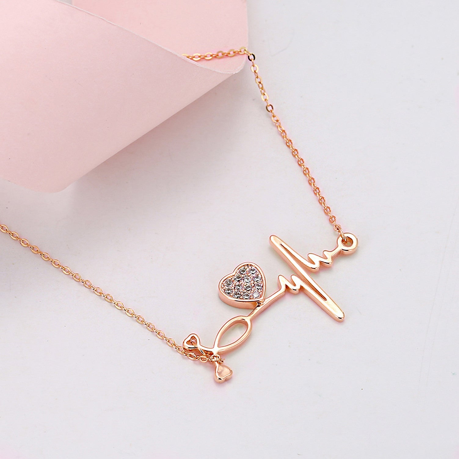 Pave CZ Heart And Heartbeat Necklace Rose Gold Yellow Gold Rhodium