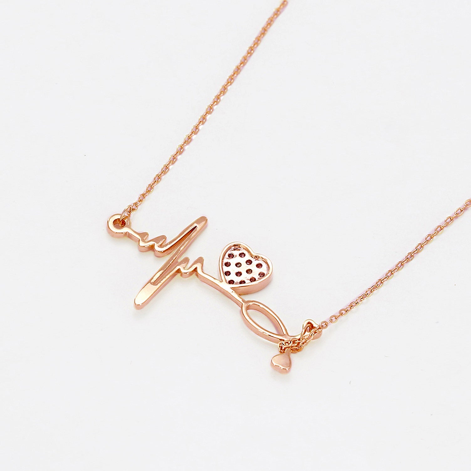 Pave CZ Heart And Heartbeat Necklace Rose Gold Yellow Gold Rhodium