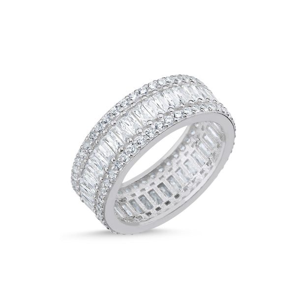 Baguette & Round CZ Full Eternity Sterling Silver Ring