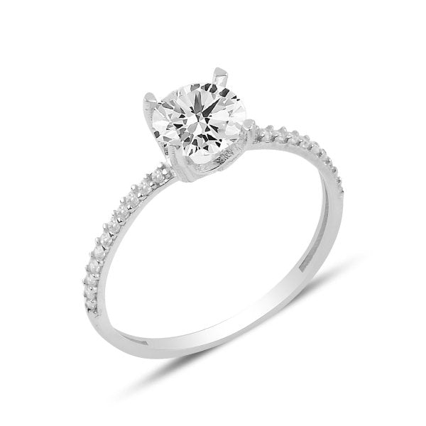 Round CZ Solitaire Half Eternity Paved Shank Sterling Silver Ring