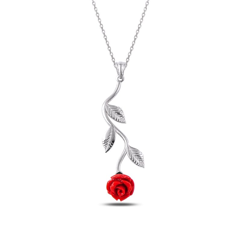 Red Rose Flower Sterling Silver Necklace