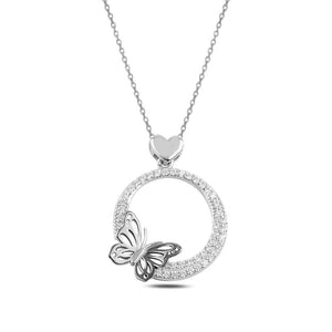 Pave CZ Butterfly & Heart Sterling Silver Necklace