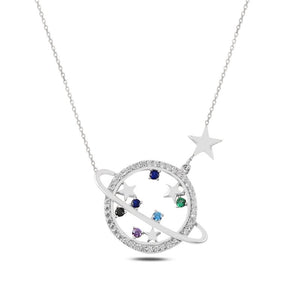 Saturn And Star Multi Color CZ Sterling Silver Necklace