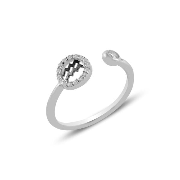 Aquarius Zodiac CZ Sterling Silver Adjustable Ring