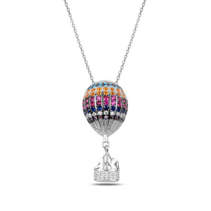 Multi Color CZ Hot Air Balloon With Passengers Sterling Silver Necklace