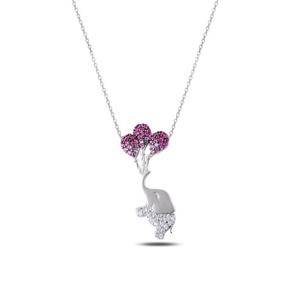 Blue/Pink CZ Flying Elephant & Balloon Sterling Silver Necklace