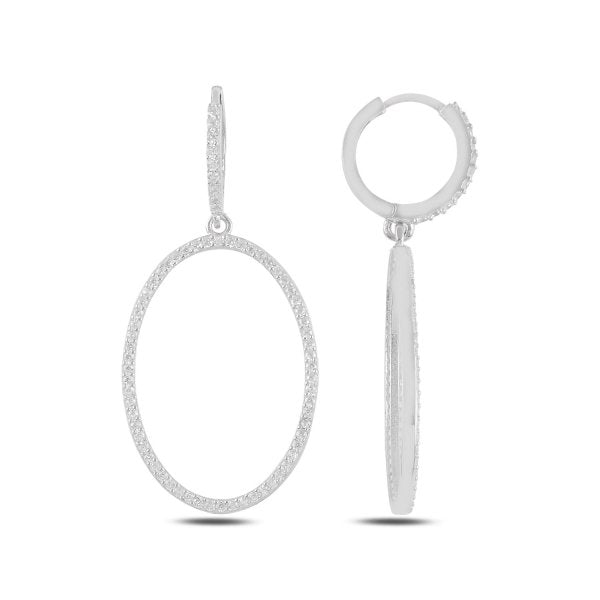 Pave CZ Oval Sterling Silver Dangle Hoop Earrings