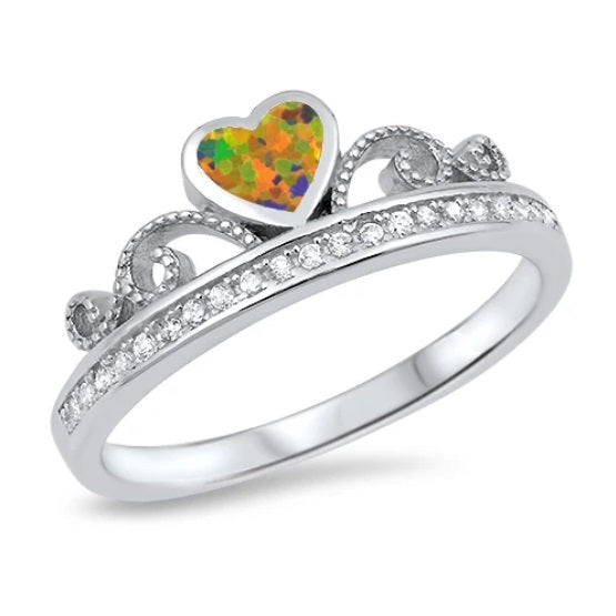 Black Heart Opal Tiara Ring – 925 Sterling Silver Crown Ring with CZ Stones for Women