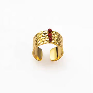 Adjustable Wide Nature Stone Ring – Minimalist 18K Gold Plated Stainless Steel Band with Natural Gemstone Inlay