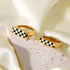 Geometric Checkerboard Enamel Ring – 18K Gold Plated Stainless Steel, Black & White Grid, Bold Rectangle Statement