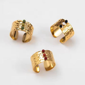 Adjustable Wide Nature Stone Ring – Minimalist 18K Gold Plated Stainless Steel Band with Natural Gemstone Inlay