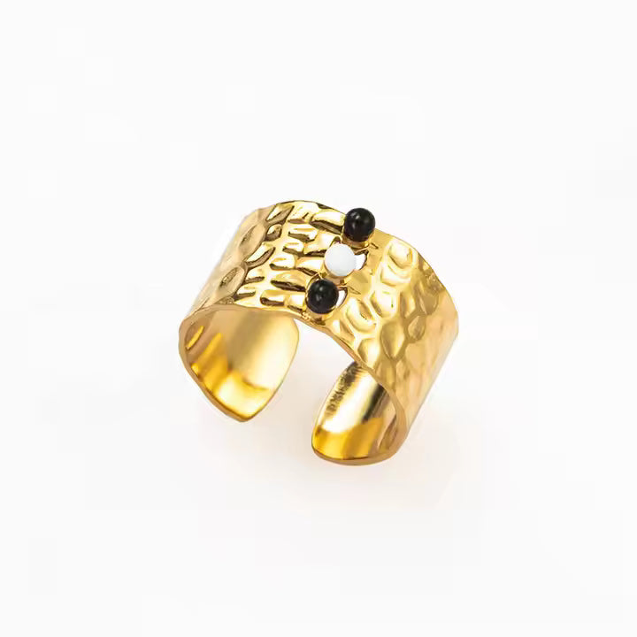Adjustable Wide Nature Stone Ring – Minimalist 18K Gold Plated Stainless Steel Band with Natural Gemstone Inlay