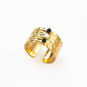 Adjustable Wide Nature Stone Ring – Minimalist 18K Gold Plated Stainless Steel Band with Natural Gemstone Inlay