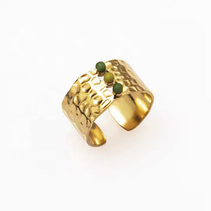 Adjustable Wide Nature Stone Ring – Minimalist 18K Gold Plated Stainless Steel Band with Natural Gemstone Inlay