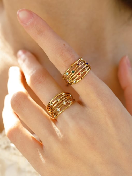 Adjustable Gold Stainless Steel Hip Hop CZ Ring – Stackable Statement Band with Clear or Multi-Color Stones for Women