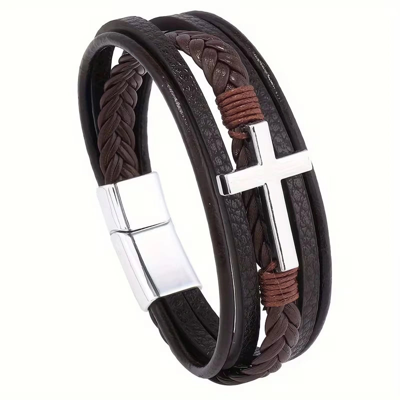 Layered Cross Leather Bracelet with Modern Woven Style