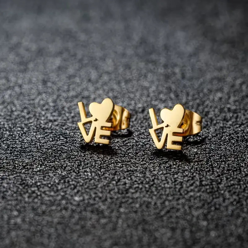 Stainless Steel LOVE Heart Stud Earrings – Cute Minimalist Letter Jewelry for Everyday Romantic Style