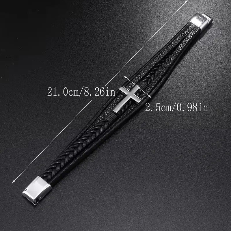 Layered Cross Leather Bracelet with Modern Woven Style