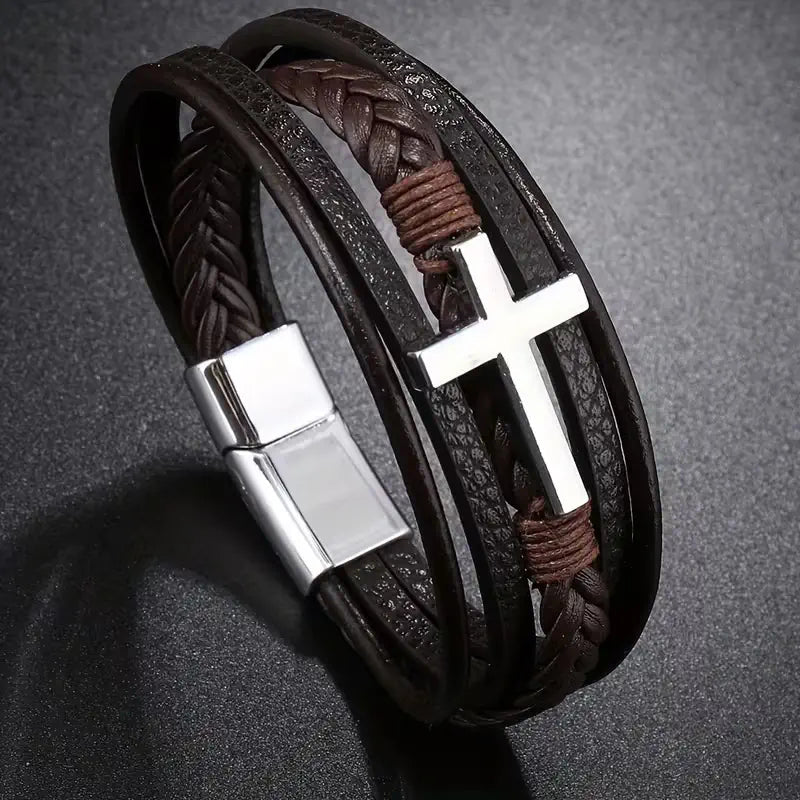 Layered Cross Leather Bracelet with Modern Woven Style