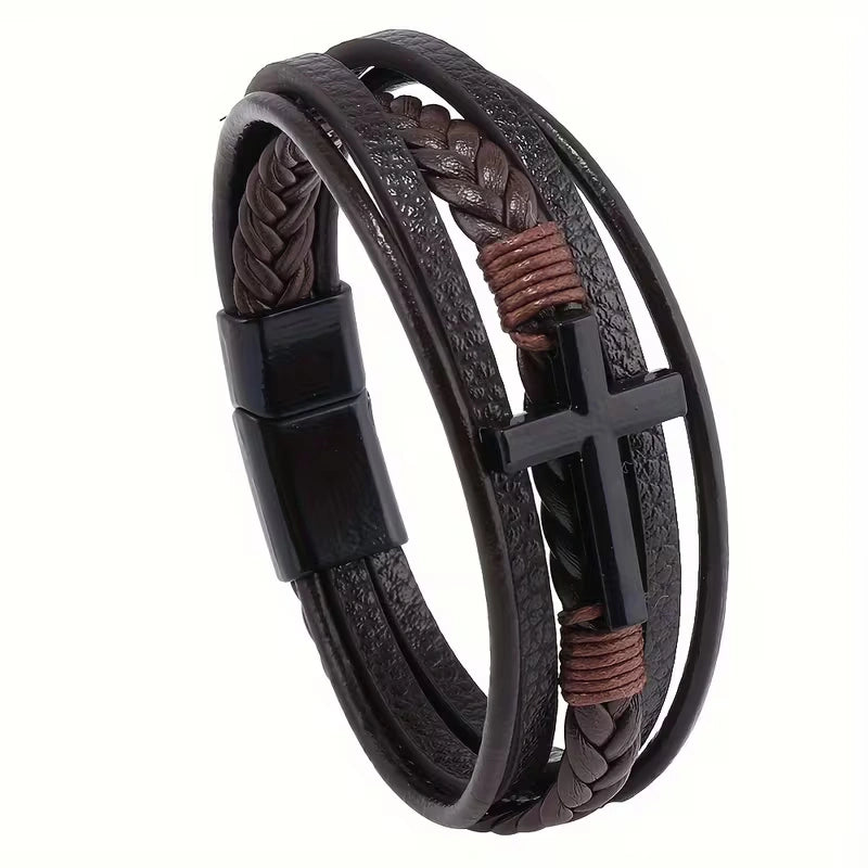 Layered Cross Leather Bracelet with Modern Woven Style