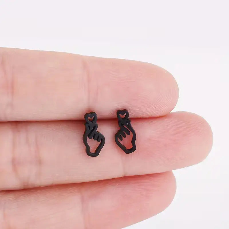 Heart Outline Hand Stud Earrings – 304 Stainless Steel Minimalist Earrings for Women, Cute Everyday Jewelry
