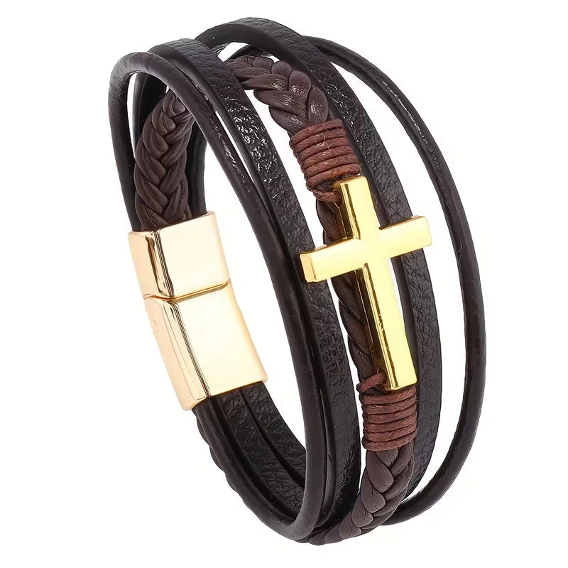 Layered Cross Leather Bracelet with Modern Woven Style